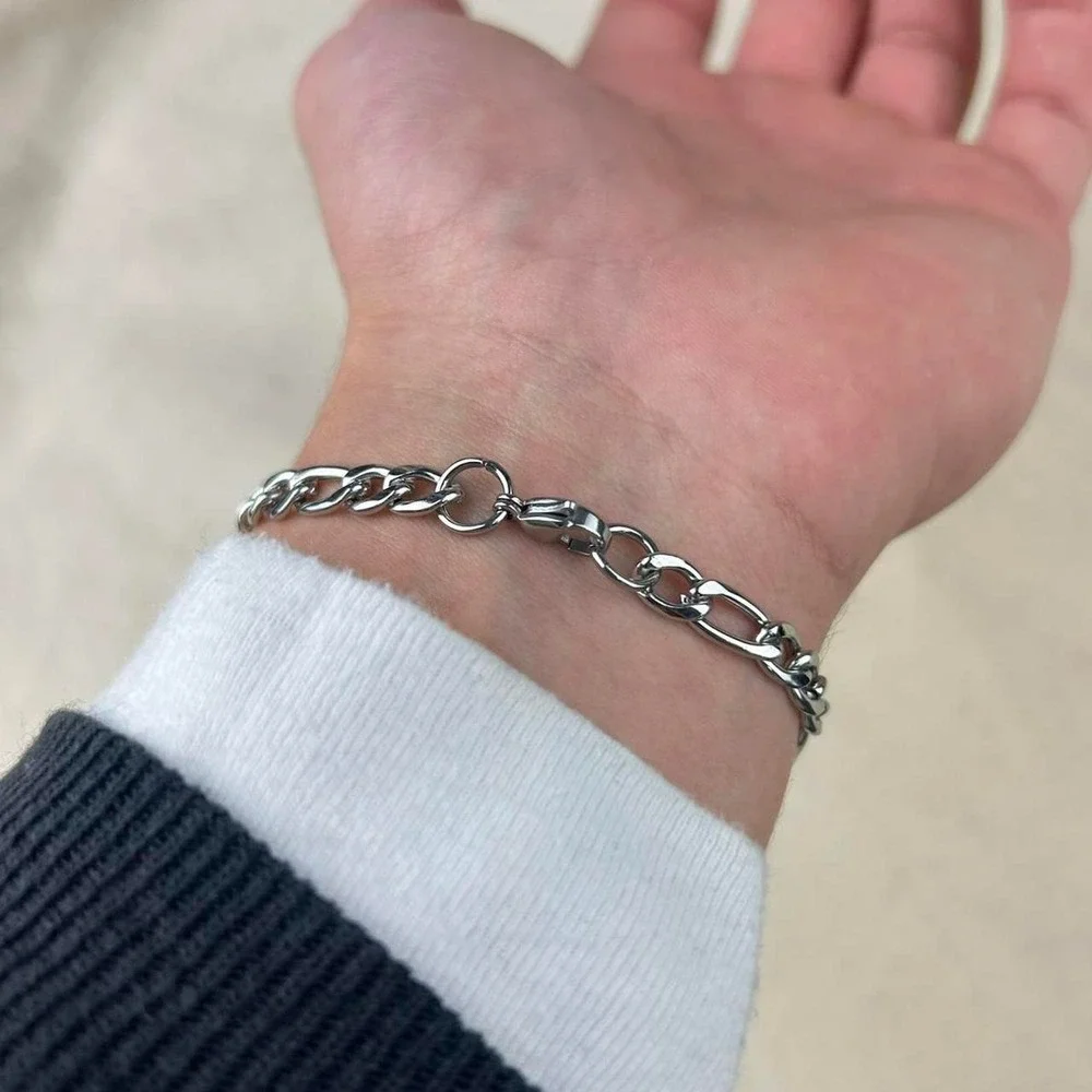 Vintage style stainless steel silver cuban link chain bracelet grunge punk 7mm